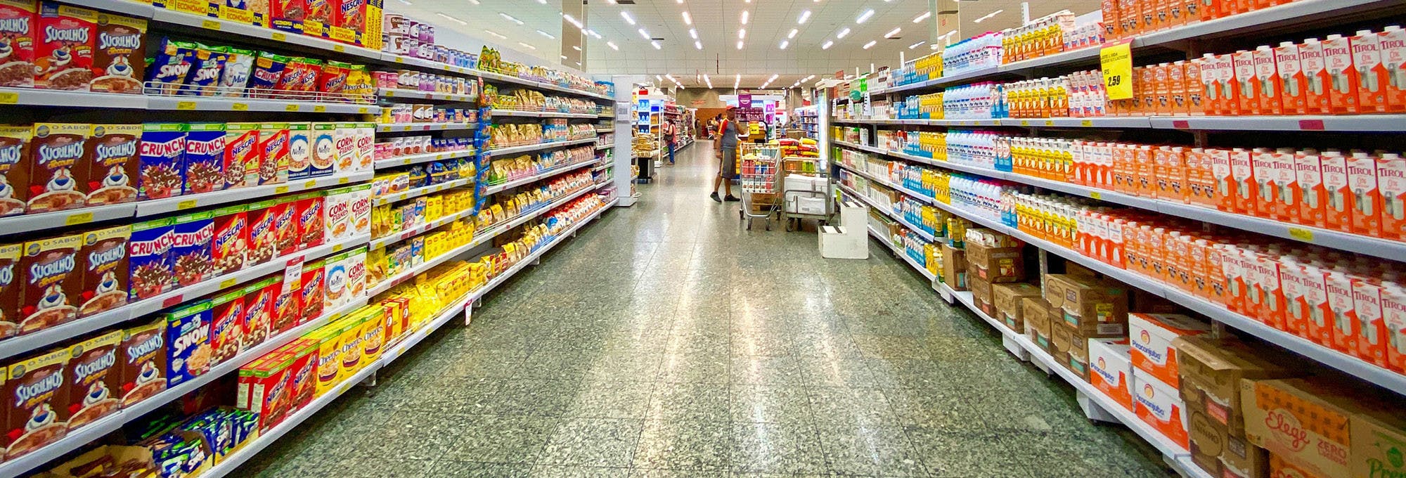 View looking down a grocery aisle