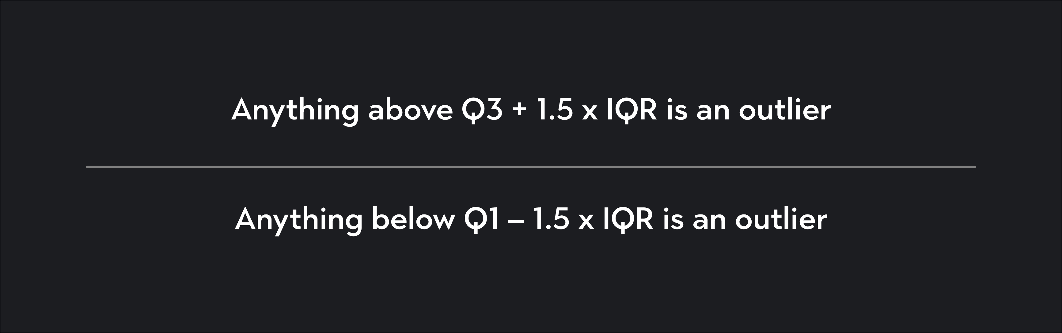Text stating "Anything above Q3 + 1.5 x IQR is an outlier and anything below Q1-1.5 x IQR is an outlier
